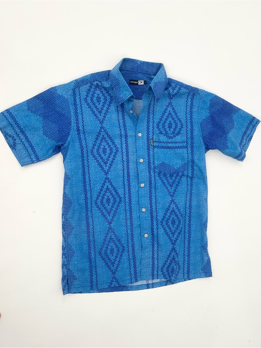 Woodin Men’s Blue Geometric Batik Camp Shirt Short Sleeve Button Front Size L